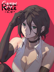 Rule 34 | 1girl, absurdres, bad id, bad pixiv id, black gloves, black hair, black legwear, breasts, chainsaw man, elbow gloves, gloves, green eyes, hair between eyes, highres, jewelry, jinlin, looking at viewer, necklace, open clothes, open shirt, red background, reze (chainsaw man), shirt, short hair, simple background, solo, upper body