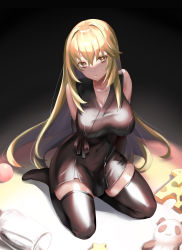 Rule 34 | 1girl, absurdres, ball, bare shoulders, bishooji, black thighhighs, blonde hair, bottle, breasts, cleavage, elbow gloves, from above, full body, gloves, hair between eyes, highres, indoors, japanese clothes, large breasts, long hair, looking at viewer, no shoes, parted lips, sash, seiza, shokuhou misaki, sitting, skindentation, sleeveless, solo, stuffed animal, stuffed panda, stuffed toy, symbol-shaped pupils, thighhighs, toaru kagaku no railgun, toaru majutsu no index, very long hair, yellow eyes