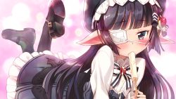 Rule 34 | 1girl, artist request, beret, black bow, black dress, black footwear, black hair, black hat, black pantyhose, blue eyes, blush, book, bow, dress, dripping, eating, eyelashes, eyepatch, food, frilled skirt, frills, frown, full body, game cg, granblue fantasy, hair bow, hair ornament, harvin, hat, holding, ice cream, legs up, long hair, long sleeves, lunalu (granblue fantasy), lying, mary janes, medical eyepatch, melting, mouth hold, non-web source, on stomach, pantyhose, pointy ears, popsicle, sexually suggestive, shoes, skirt, solo, splush wave, striped, striped bow, sweat