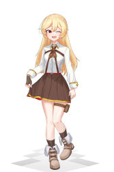 Rule 34 | 1girl, ;d, absurdres, animal ears, blonde hair, brown footwear, brown gloves, brown neckerchief, brown skirt, brown socks, fang, fingerless gloves, full body, girls&#039; frontline, gloves, hair between eyes, hat, highres, holding, holding clothes, light leave, long hair, long sleeves, nagant revolver (girls&#039; frontline), nagant revolver (mod3) (girls&#039; frontline), neckerchief, one eye closed, open mouth, pouch, red eyes, shirt, shirt tucked in, simple background, single fingerless glove, skirt, smile, socks, solo, standing, standing on one leg, thigh strap, white background, white shirt