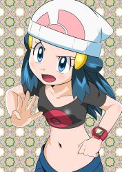 Rule 34 | 1girl, blue eyes, blue hair, breasts, creatures (company), curvy, dawn (pokemon), female focus, game freak, hainchu, highres, looking away, midriff, navel, nintendo, pants, pokemon, pokemon (anime), pokemon dppt (anime), small breasts, smile, stomach