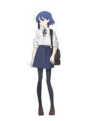 Rule 34 | 1girl, bag, black ribbon, blue hair, blue skirt, bocchi the rock!, brown footwear, collared shirt, full body, highres, loafers, looking at viewer, maring song, mole, mole under eye, neck ribbon, pantyhose, pleated skirt, ribbon, school bag, school uniform, shimokitazawa high school uniform, shirt, shirt tucked in, shoes, short hair, shoulder bag, simple background, skirt, sleeves rolled up, solo, standing, white shirt, yamada ryo, yellow eyes