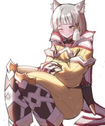 Rule 34 | 1girl, animal ear fluff, animal ears, blush, brown eyes, feet out of frame, grey hair, highres, jumpsuit, juneplums, knees up, long sleeves, nia (xenoblade), one eye closed, puffy long sleeves, puffy sleeves, sheath, simple background, sitting, solo, white background, xenoblade chronicles (series), xenoblade chronicles 2, yellow jumpsuit