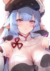 Rule 34 | 1girl, animal ears, animal print, bare shoulders, bikini, blue hair, blush, breasts, catura (granblue fantasy), cleavage, commentary request, cow ears, cow girl, cow hat, cow horns, cow print, detached collar, detached sleeves, draph, ear piercing, granblue fantasy, haoni, highres, horns, large breasts, long hair, looking at viewer, open mouth, piercing, pointy ears, purple eyes, see-through, solo, swimsuit, thighs, white bikini, wide sleeves