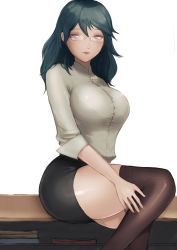 Rule 34 | 1girl, alternate costume, blue eyes, blue hair, bra visible through clothes, breasts, byleth (female) (fire emblem), byleth (fire emblem), fire emblem, fire emblem: three houses, glasses, highres, jtaka, large breasts, nintendo, parted lips, pencil skirt, simple background, sitting, skirt, solo, teacher, thighhighs, white background