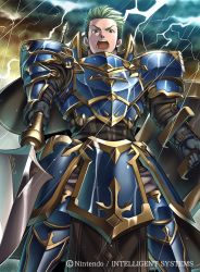 Rule 34 | 1boy, armor, armored boots, boots, cloud, cloudy sky, company name, draug (fire emblem), electricity, fire emblem, fire emblem: mystery of the emblem, fire emblem cipher, gloves, green eyes, green hair, homa kura, male focus, matching hair/eyes, nintendo, official art, open mouth, polearm, rain, shield, sky, solo, spear, teeth, weapon