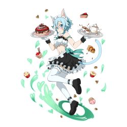 Rule 34 | 1girl, animal ears, arm ribbon, blue eyes, blue hair, blush, cake, carrying, cat ears, cat tail, cookie, cup, cupcake, food, frilled thighhighs, frills, full body, gloves, hair ribbon, heart, highres, light blue hair, looking at viewer, maid headdress, pancake, ribbon, ribbon-trimmed legwear, ribbon trim, saucer, short hair, sinon, skirt, solo, spoon, sword art online, tail, tea, teacup, teapot, thighhighs, transparent background, white thighhighs