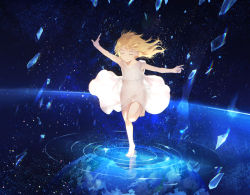Rule 34 | 1girl, bare arms, barefoot, blonde hair, broken glass, child, chrono cross, closed eyes, dress, earth (planet), flat chest, full body, glass, leg up, medium hair, night, night sky, outstretched arms, planet, ripples, schala zeal, see-through, sky, solo, sunakumo, sundress, white dress