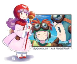 Rule 34 | 1girl, 2boys, blush, closed mouth, curly hair, dragon quest, dragon quest ii, dress, full body, goggles, goggles on head, goggles on headwear, hat, hood, long hair, long sleeves, looking at viewer, mawaru (mawaru), multiple boys, open mouth, prince of lorasia, prince of samantoria, princess of moonbrook, purple hair, robe, smile, spiked hair, staff, white robe