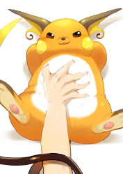 Rule 34 | arms behind head, babuixxx, creature, creatures (company), fang, game freak, gen 1 pokemon, looking at viewer, lying, mochizuki anko, nintendo, on back, pokemon, pokemon (creature), pov, raichu, rubbing, simple background, smirk, solo focus, sweat, white background