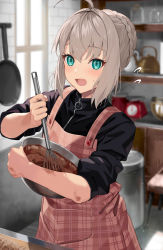 Rule 34 | 1girl, ahoge, apron, aqua eyes, black jacket, blush, bowl, braid, buttons, chocolate, cowboy shot, fate (series), frying pan, gray (fate), grey hair, highres, holding, holding bowl, holding whisk, indoors, jacket, kitchen, long sleeves, looking at viewer, lord el-melloi ii case files, mixing, mixing bowl, motto (night wear), open mouth, pink apron, plaid, plaid apron, short hair, sidelocks, sleeves pushed up, solo, teapot, whisk, window