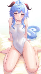 Rule 34 | 1girl, :3, ahoge, airool, arm support, bare arms, bare shoulders, barefoot, blue hair, blush, breasts, closed mouth, collarbone, competition swimsuit, covered navel, ganyu (genshin impact), genshin impact, highleg, highleg swimsuit, highres, horns, long hair, looking at viewer, medium breasts, one-piece swimsuit, purple eyes, shallow water, simple background, sitting, smile, solo, swimsuit, very long hair, wariza, water, white background, white one-piece swimsuit