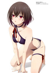 Rule 34 | 1girl, absurdres, all fours, bikini, breasts, brown hair, choker, cleavage, highres, looking at viewer, magazine scan, megami magazine, multi-strapped bikini bottom, navel, official art, scan, seiken gakuin no maken tsukai, shary corvette, short hair, simple background, small breasts, swimsuit, thigh strap, thighs, white background