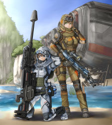 Rule 34 | 2girls, animification, black gloves, blue eyes, bodysuit, breasts, brown bodysuit, brown gloves, brown hair, d-101 longbow, gloves, goggles, goggles on head, green eyes, grey bodysuit, gun, hdfm, highres, holding, holding gun, holding weapon, hood, hood up, kneeling, kraber, medium breasts, multiple girls, pilot suit, rifle, scope, smile, sniper rifle, spacecraft, titanfall, titanfall (series), water, weapon