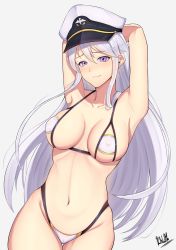 Rule 34 | 1girl, absurdres, armpits, arms up, azur lane, band-width, bikini, blush, breasts, cameltoe, collarbone, covered erect nipples, cowboy shot, enterprise (azur lane), gluteal fold, grey background, hair between eyes, hat, highres, long hair, looking at viewer, medium breasts, military hat, navel, purple eyes, signature, silver hair, simple background, smile, solo, straight hair, string bikini, swimsuit, white hat