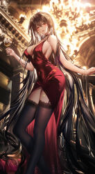 Rule 34 | 1girl, absurdly long hair, absurdres, ahoge, armpit crease, azur lane, backless dress, backless outfit, bare arms, bare shoulders, black garter straps, black hair, black thighhighs, blurry, blurry background, breasts, center opening, choker, commentary, covered erect nipples, covered navel, cup, dress, drinking glass, english commentary, evening gown, eyelashes, feet out of frame, fingernails, garter straps, glint, hair between eyes, hair ornament, highres, holding, holding cup, huge ahoge, junpaku karen, lace, lace-trimmed legwear, lace trim, large breasts, legs, long dress, long fingernails, long hair, looking at viewer, parted lips, red choker, red dress, red eyes, red lips, sideboob, sleeveless, sleeveless dress, smile, solo, standing, taihou (azur lane), taihou (forbidden feast) (azur lane), thighhighs, thighs, very long hair, wine glass