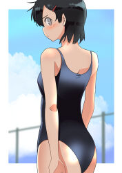 Rule 34 | 1girl, absurdres, ass, black hair, black one-piece swimsuit, blue sky, blurry, blurry background, cloud, commentary request, cowboy shot, fence, grey eyes, haida katsuretsu, highres, looking at viewer, looking back, one-piece swimsuit, original, school swimsuit, short hair, sky, solo, swimsuit