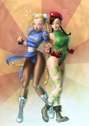 Rule 34 | 2girls, alternate costume, alternate hairstyle, antenna hair, beret, black footwear, blonde hair, blue dress, blue eyes, bracelet, braid, brown eyes, brown hair, brown legwear, bun cover, cammy white, cammy white (cosplay), camouflage, capcom, china dress, chinese clothes, chun-li, chun-li (cosplay), commentary, cosplay, costume switch, dominicabra, dress, english commentary, facial scar, gauntlets, gloves, green leotard, hat, highres, jewelry, leotard, long hair, multiple girls, nipples, pantyhose, pelvic curtain, puffy short sleeves, puffy sleeves, red gloves, sash, scar, scar on cheek, scar on face, short sleeves, spiked bracelet, spikes, street fighter, thick thighs, thighhighs, thighs, thong leotard, twin braids, very long hair, white footwear