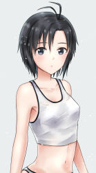 Rule 34 | 1girl, antenna hair, arms at sides, asymmetrical bangs, bare arms, bare shoulders, black hair, blush, breasts, closed mouth, collarbone, crop top, grey background, highres, idolmaster, idolmaster (classic), idolmaster 2, kikuchi makoto, looking at viewer, mogskg, navel, panties, short hair, simple background, sleeveless, small breasts, solo, stomach, tank top, underwear, upper body, white panties