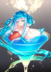 Rule 34 | 1girl, ass, barefoot, blue eyes, blue hair, braid, breast press, cherry, commentary, cup, drinking glass, eyes visible through hair, food, fruit, highres, kito (sorahate), liquid hair, long hair, looking at viewer, mini person, minigirl, monster girl, nude, original, partially submerged, sidelocks, slime girl, smile, solo, very long hair