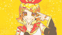 Rule 34 | 1girl, bandaid, bandaid on hand, blonde hair, bow, double v, hair bow, hair ornament, headphones, highres, kagamine rin, red bow, red sailor collar, sailor collar, sakuhana87, smile, solo, sparkle hair ornament, star (symbol), star hair ornament, v, v over mouth, vocaloid, yellow eyes, yellow nails