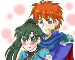 Rule 34 | arm grab, blue eyes, blush, cape, couple, earrings, eliwood (fire emblem), fire emblem, fire emblem: the blazing blade, from behind, green eyes, green hair, jewelry, long hair, looking back, lyn (fire emblem), naughty face, nintendo, ponytail, red hair, short hair, shy, smile, tiara
