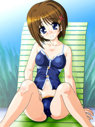 Rule 34 | 00s, 1girl, artistic error, bikini, blue bikini, blue eyes, blue one-piece swimsuit, blue sky, blush, breasts, brown hair, cameltoe, chair, cleavage, covered erect nipples, crotch, day, grass, grin, hair ornament, hairclip, hand on own thigh, hand on thigh, head tilt, looking at viewer, lounge chair, lyrical nanoha, mahou shoujo lyrical nanoha, mahou shoujo lyrical nanoha strikers, masutaauu, medium breasts, navel, nose blush, one-piece swimsuit, outdoors, short hair, sitting, sky, smile, solo, spread legs, sun, swimsuit, tankini, x hair ornament, yagami hayate