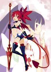 Rule 34 | 2girls, :d, arched back, ass, bandeau, bangle, bare shoulders, black gloves, black hair, boots, bracelet, choker, demon girl, demon tail, disgaea, disgaea d2, earrings, elder spear, etna (disgaea), fang, flat chest, full body, gloves, harada takehito, jewelry, long hair, multiple girls, nippon ichi, official art, open mouth, pointy ears, polearm, ponytail, red eyes, red hair, red legwear, ronin (disgaea), samurai (disgaea), sarashi, short shorts, shorts, smile, spear, strapless, tail, thigh boots, thighhighs, tube top, twintails, very long hair, weapon, wide ponytail, wings