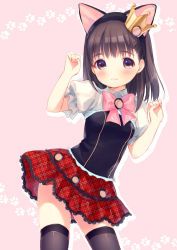 Rule 34 | 1girl, :3, animal ears, black thighhighs, bow, brown eyes, brown hair, cat ears, contrapposto, crown, fake animal ears, headband, long hair, looking at viewer, paw pose, pink background, simple background, skirt, smile, solo, standing, thighhighs, usashiro mani, zettai ryouiki