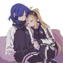 Rule 34 | 2girls, ahoge, barefoot, black headband, black jacket, blonde hair, blue hair, bocchi the rock!, character name, commentary, couch, ear piercing, hand on another&#039;s arm, head on another&#039;s shoulder, headband, ijichi nijika, jacket, legs on another&#039;s lap, long hair, multiple girls, neck warmer, on couch, open mouth, piercing, ree (re-19), short hair, side ponytail, sleeping, sleeping on person, track jacket, track suit, white background, yamada ryo