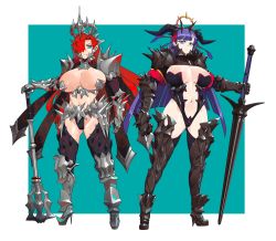 Rule 34 | 2girls, absurdres, arm armor, armor, blue eyes, boots, boudica (fate), breasts, cleavage, cleavage cutout, clothing cutout, fate/grand order, fate (series), green eyes, hair ornament, hair over one eye, high heels, highres, horns, lance, large breasts, leg armor, leotard, long hair, mace, martha (fate), monkey jon, multiple girls, navel, polearm, purple hair, red hair, revealing clothes, shoulder armor, thigh boots, thighhighs, tiara, turtleneck, very long hair, weapon