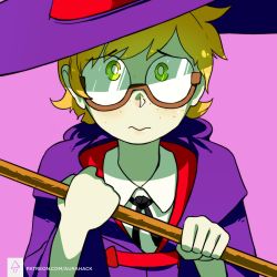 Rule 34 | 10s, 1girl, androgynous, aurahack, freckles, glasses, green eyes, hat, highres, little witch academia, lotte jansson, nervous, orange hair, robe, short hair, signature, solo, upper body, watermark, wavy mouth, web address, witch hat