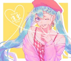 Rule 34 | 1girl, 39, absurdly long hair, aqua eyes, aqua hair, artist name, artist request, blue eyes, blue hair, breasts, checkered clothes, checkered shirt, collarbone, earrings, female focus, hat, hatsune miku, jacket, jewelry, long hair, one eye closed, parted lips, pink jacket, red hat, shirt, small breasts, smile, solo, twintails, very long hair, vocaloid, white shirt, yellow background, yuning2023