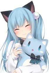 Rule 34 | 1girl, = =, amashiro natsuki, animal ears, bad id, bad pixiv id, black bow, blue hair, blush, bow, cat ears, closed mouth, commentary request, fang, fang out, hair ornament, hand up, head tilt, highres, holding, holding stuffed toy, long hair, long sleeves, one side up, original, shirt, simple background, sleeves past wrists, smile, solo, stuffed animal, stuffed cat, stuffed toy, turtleneck, upper body, white background, white shirt