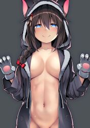Rule 34 | 1girl, absurdres, animal hands, animal hood, blue eyes, braid, breasts, brown hair, closed mouth, gloves, grey background, grey gloves, grey jacket, groin, hair between eyes, hair flaps, highres, hood, jacket, kantai collection, kuromayu, large breasts, long hair, long sleeves, looking at viewer, navel, paw gloves, shigure (kancolle), shigure kai ni (kancolle), simple background, single braid, smile, solo, upper body, wolf paws