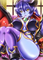 Rule 34 | 1girl, astaroth (shinrabanshou), black sclera, blue hair, blue skin, blush, boots, breasts, bridal gauntlets, colored sclera, colored skin, demon girl, demon horns, demon tail, demon wings, earrings, heart, heart earrings, horns, jewelry, kittan (cve27426), large breasts, lipstick, long hair, looking at viewer, makeup, nail polish, parted lips, pointy ears, purple footwear, shinrabanshou, sitting, solo, tail, thighs, wings, yellow eyes