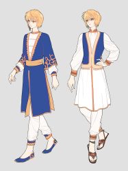 Rule 34 | 1boy, anklet, blonde hair, blue footwear, blue nails, blue tunic, blue vest, commentary, earrings, full body, grey background, highres, huangdanlan, hunter x hunter, jewelry, kurapika, long shirt, long sleeves, male focus, multiple views, nail polish, orange nails, pants, parted lips, sandals, shirt, short hair, simple background, single earring, slippers, toenail polish, toenails, vest, walking, white pants, white shirt, yellow eyes