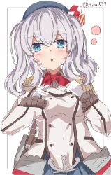 Rule 34 | 1girl, blue eyes, buttons, dakku (nira597), epaulettes, frilled sleeves, frills, gloves, grey hair, grey skirt, highres, jacket, kantai collection, kashima (kancolle), long hair, long sleeves, looking at viewer, military, military jacket, military uniform, neckerchief, one-hour drawing challenge, pleated skirt, red neckerchief, sidelocks, skirt, solo, twintails, twitter username, uniform, upper body, wavy hair, white background, white gloves, white jacket
