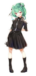 Rule 34 | 1girl, absurdres, alternate costume, arm at side, arm behind back, belt, black bow, black bowtie, black dress, black footwear, blush, boots, bow, bowtie, bug, butterfly, contrapposto, double bun, dress, fang, flat chest, gothic lolita, green hair, hair bow, hair bun, hair ornament, highres, hololive, insect, knee boots, lolita fashion, looking at viewer, medium hair, open mouth, red eyes, sidelocks, simple background, skull hair ornament, solo, strapless, strapless dress, toshizou (0714), tsurime, uruha rushia, virtual youtuber, white background