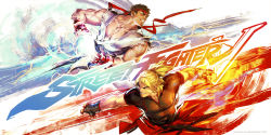 2boys aura blonde_hair capcom dougi fire headband highres ken_masters multiple_boys ryu_(street_fighter) street_fighter street_fighter_v yama_orce