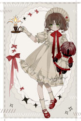Rule 34 | absurdres, blush, bow, brown hair, candle, chin strap, closed mouth, doll, dress, eagle (reverse:1999), gloves, green eyes, hand up, headdress, highres, holding, holding candle, holding doll, mary janes, official alternate costume, puffy short sleeves, puffy sleeves, red bow, red footwear, reverse:1999, shoes, short hair, short sleeves, socks, tetee, white background, white dress, white gloves, white socks