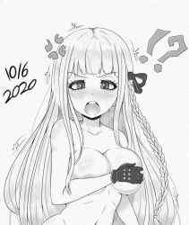 Rule 34 | 1girl, 2020, 20s, areola slip, bare arms, bare stomach, black gloves, blush, braid, braided ponytail, breasts, cleavage, collarbone, completely nude, covering breasts, covering privates, cross-popping veins, danganronpa: trigger happy havoc, danganronpa (series), dated, ears, exclamation mark, female focus, gloves, greyscale, highres, kirigiri kyoko, long hair, looking at viewer, monochrome, motion lines, navel, neck, nude, open mouth, question mark, simple background, solo, stomach, studded gloves, studs, upper body, white background, young savage
