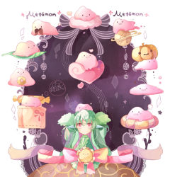 Rule 34 | . ., 1girl, character name, closed mouth, coco7, creature, creatures (company), ditto, game freak, gen 1 pokemon, gen 5 pokemon, green hair, heart, lilligant, long hair, nintendo, personification, pink eyes, pink ribbon, pokemon, pokemon (creature), pokemon move, pumpkin, ribbon, smile, transform (pokemon), transformed ditto