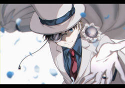 Rule 34 | 1boy, bad id, bad pixiv id, black hair, blue eyes, blue shirt, blurry, blurry foreground, cape, closed mouth, collared shirt, gloves, hage ta, jacket, kaitou kid, letterboxed, long sleeves, looking at viewer, magic kaito, male focus, monocle, necktie, petals, reaching, reaching towards viewer, red necktie, shirt, smile, solo, white background, white cape, white gloves, white jacket, wing collar