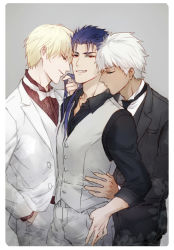 Rule 34 | 3boys, archer (fate), bad id, bad pixiv id, blonde hair, blue hair, bow, bowtie, boy sandwich, changye, cu chulainn (fate), cu chulainn (fate/stay night), dark-skinned male, dark skin, fate/grand order, fate/stay night, fate (series), formal, gilgamesh (fate), grin, holding, holding hair, kiss, kissing neck, multiple boys, necktie, official alternate costume, ponytail, red eyes, sandwiched, smile, suit, vest, waistcoat, white hair, yaoi