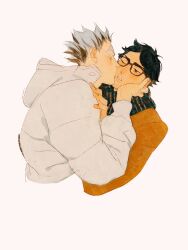 Rule 34 | 2boys, akaashi keiji, black hair, bokuto koutarou, brown hair, brown jacket, chengongzi123, closed eyes, cropped torso, facing another, glasses, grey hair, grey jacket, haikyuu!!, hand on another&#039;s cheek, hand on another&#039;s face, hands up, highres, hood, hood down, hooded jacket, jacket, kiss, kissing cheek, long sleeves, male focus, multicolored hair, multiple boys, one eye closed, parted lips, pink background, pushing away, scarf, simple background, streaked hair, thick eyebrows, yaoi