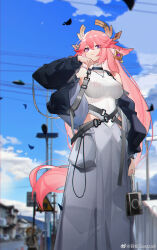 Rule 34 | 1girl, absurdres, alternate costume, animal ears, bare shoulders, black jacket, blue sky, blurry, blurry background, camera, closed mouth, cloud, commentary request, earrings, feet out of frame, fox ears, genshin impact, grey skirt, highres, hip vent, holding, holding camera, jacket, jewelry, long hair, long skirt, looking at viewer, open clothes, open jacket, outdoors, pink hair, purple eyes, road sign, shirt, sign, skirt, sky, sleeveless, sleeveless shirt, solo, strap, turtleneck, utility pole, very long hair, white shirt, yae miko, yushe quetzalli