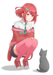 Rule 34 | 1girl, cat, earrings, full body, grin, hair between eyes, hair ornament, hand on own chest, highres, jacket, jewelry, necktie, polo shirt, pyra (xenoblade), red eyes, red footwear, red hair, red jacket, red thighhighs, school uniform, shirt, shoes, short hair, simple background, smile, sneakers, solo, squatting, teeth, thighhighs, white background, white shirt, xenoblade chronicles (series), xenoblade chronicles 2, yoruusagi