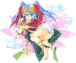Rule 34 | 1girl, anklet, aqua eyes, barefoot, blue hair, blush, bracelet, feet, flower, full body, jewelry, lakshmi (p&amp;d), long hair, lots of jewelry, oyatsu (mk2), puzzle &amp; dragons, simple background, skirt, smile, soles, solo, toes, twintails, white background
