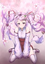Rule 34 | 1girl, arm tattoo, cherry blossoms, detached sleeves, floating hair, flower, full body, hair flower, hair ornament, hair ribbon, hakama, hakama short skirt, hakama skirt, hatsune miku, highres, japanese clothes, kuronosu (yamada1230), long hair, long sleeves, looking at viewer, miko, nontraditional miko, pink eyes, pink hair, ribbon, ribbon-trimmed sleeves, ribbon trim, sakura miku, sandals, sitting, skirt, sleeves past wrists, smile, solo, tattoo, thighhighs, twintails, vocaloid, wariza, white thighhighs